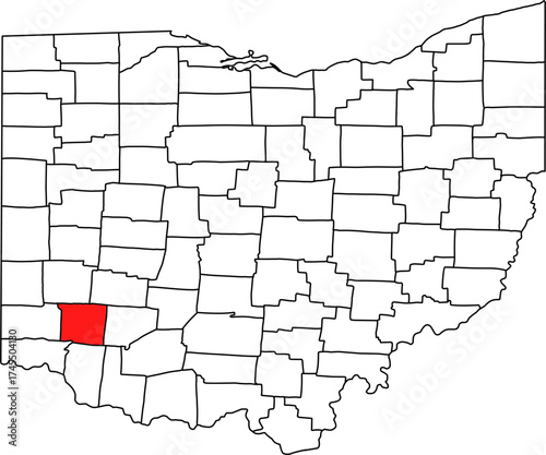 Detailed vector map of Ohio highlighting Warren County, a highly populous and affluent southwestern suburban territory situated between the Cincinnati and Dayton metropolitan areas.

