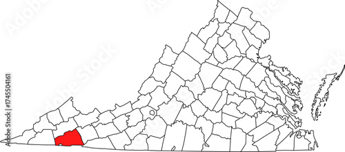 Detailed vector map of Virginia highlighting Washington County, a mountainous southwestern territory bordering Tennessee and home to the historic town of Abingdon.

