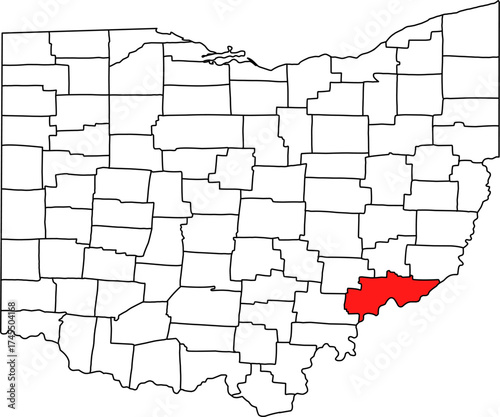 Detailed vector map of Ohio highlighting Washington County, a southeastern Appalachian territory featuring Marietta, the first permanent settlement in the Northwest Territory.

