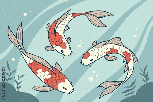 Three Colorful Koi Fish Swimming In Blue Water With Plants carp