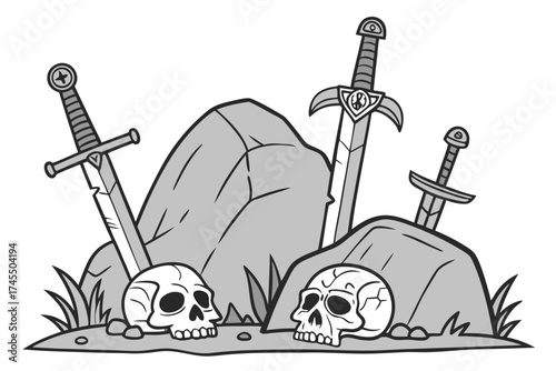 Two Skulls and Swords Stuck in Rocks with Grass stone medieval