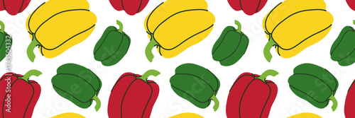 Seamless pattern of red, green, and yellow bell peppers. For packaging, textile, and food design.