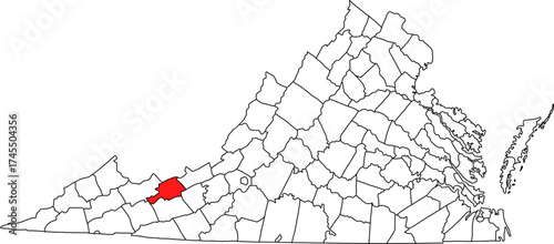 Detailed vector map of Virginia highlighting Bland County, a mountainous southwestern territory bordering West Virginia, situated in the rugged Appalachian Mountains.

