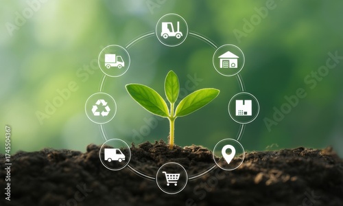 Eco-friendly supply chain: A verdant sprout flourishes at the heart of an eco-conscious supply chain, illustrating a harmonious fusion of sustainable practices, environmental preservation.