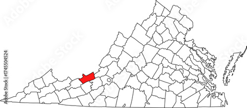 Detailed vector map of Virginia highlighting Giles County, a western Appalachian territory bordering West Virginia, known for the scenic New River valley.

