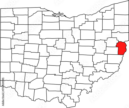 Detailed vector map of Ohio highlighting Jefferson County, an eastern industrial territory bordering West Virginia across the Ohio River, located in the Appalachian Plateau.

