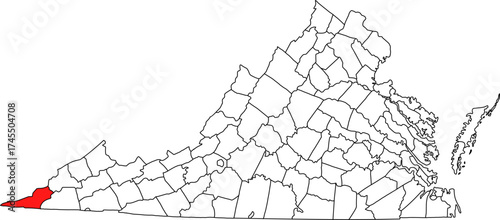 Detailed vector map of Virginia highlighting Lee County, the westernmost Appalachian territory bordering Kentucky and Tennessee, home to the historic Cumberland Gap.

