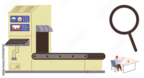 Industrial conveyor machinery, detailed control panel, magnifying glass, and worker inspecting diagrams. Ideal for production process, quality control, efficiency, data inspection, automation