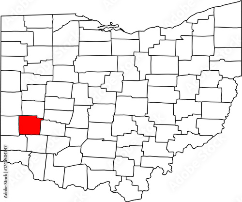 Detailed vector map of Ohio highlighting Montgomery County, the southwestern territory containing the major metropolitan city of Dayton, historically significant for aviation.

