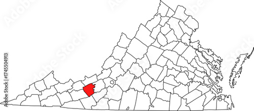 Detailed vector map of Virginia highlighting Pulaski County, a southwestern territory located in the New River Valley, known for Claytor Lake and major transportation routes.

