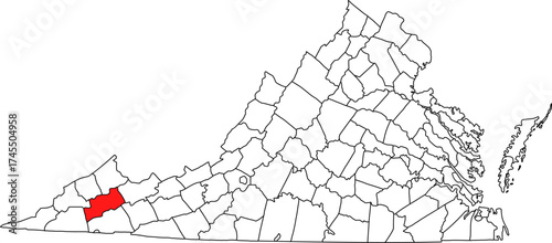 Detailed vector map of Virginia highlighting Russell County, a large, rural Appalachian territory in the southwest, historically known for its extensive coal fields.

