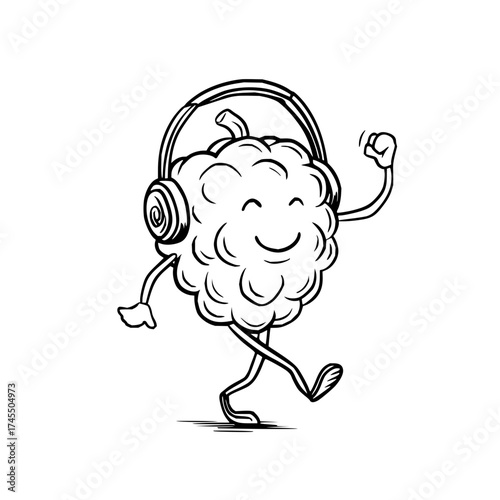 Cartoon blackberry character wearing headphones walking and smiling cheerfully in black and white style