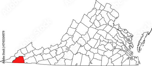 Detailed vector map of Virginia highlighting Scott County, the southwestern Appalachian territory bordering Kentucky and Tennessee, known for its rural river valleys.

