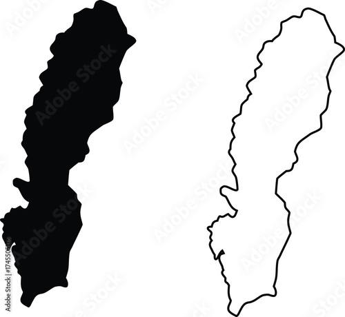 A striking black silhouette of Swedens elongated northern European country shape alongside its detailed outline