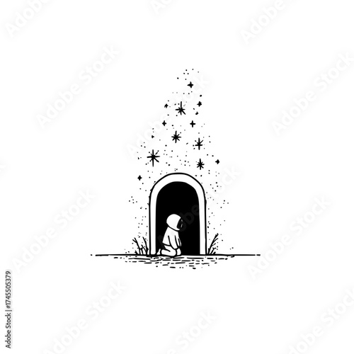 A lone astronaut kneels before a portal surrounded by stars in a minimalist black and white drawing