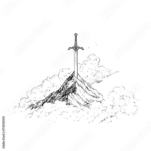 A detailed sketch of a sword standing upright on a rocky mountain surrounded by fluffy white clouds above