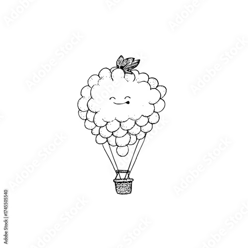 A whimsical drawing of a cloud shaped hot air balloon with a smiling face and a leaf on top in black and white
