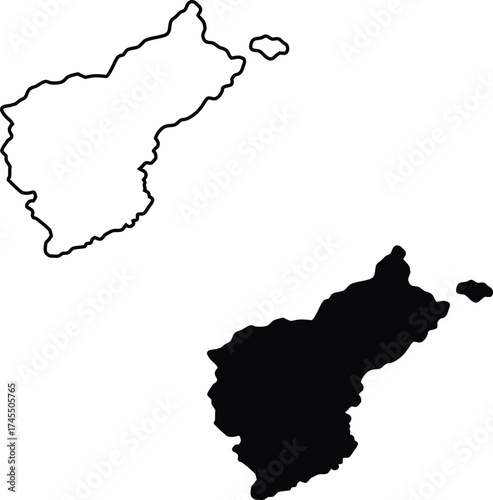 Black silhouette and white outline display an irregular narrow landmass form with a smaller detached island shape