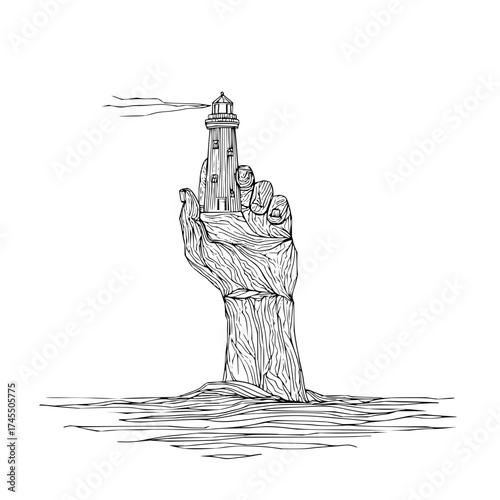 A detailed black and white line drawing of a hand holding a lighthouse emerging from the water surface