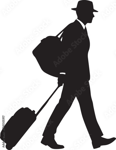 Classic traveling man silhouette striding confidently with suitcase and duffle bag on white seamless background for business and leisure journeys