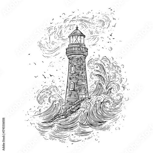 Illustration of a lighthouse surrounded by turbulent waves and a flock of birds in a monochrome style
