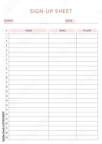 Quadro su tela Minimalist Clean Sign Up Sheet