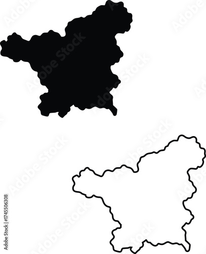 Presented here are two identical irregular landmass outlines, one filled in black and the other as a clear border