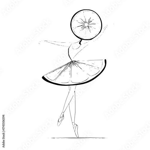 A ballerina with a lemon slice for a head and a lemon slice for a tutu in a black and white sketch style