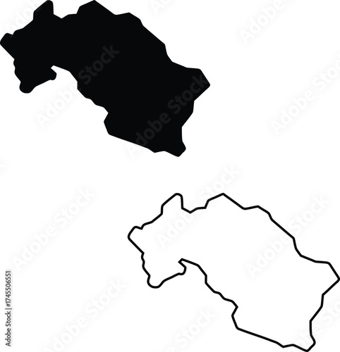 A horizontally wavy black geographical landmass silhouette with its identical outlined form presented on white