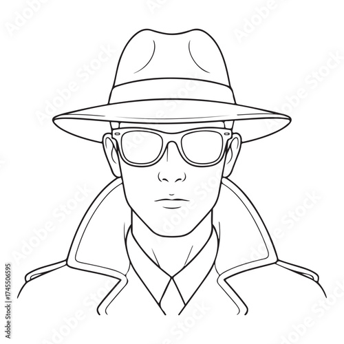 Illustration of a man wearing a fedora hat, sunglasses, and trench coat
