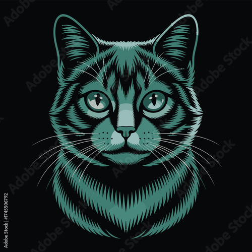 Green Cat Face Portrait for Pet Lover T-shirt Design on Black Background