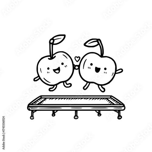 Two cartoon cherries with faces holding hands jumping above a trampoline in black and white illustration