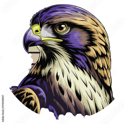 Hawk Head T-shirt Design Portrait with Purple Feathers