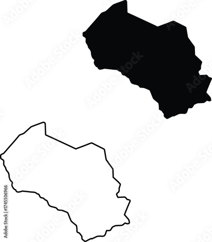 Rectangular black silhouette and outline map illustrating a particular geographical landmass on white