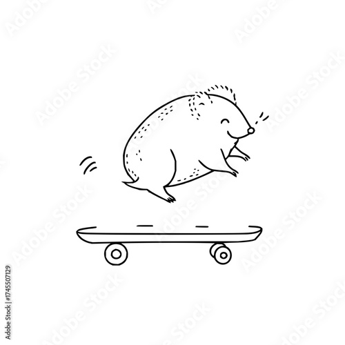 A whimsical line drawing of a hedgehog mid air above a skateboard on a white background design art