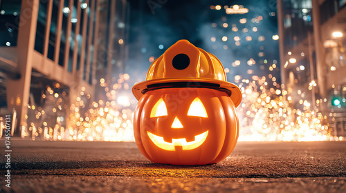 Jack o lantern with carved face wearing safety helmet lit from within on urban street at night with festive sparks and bokeh lights creating energetic atmosphere
