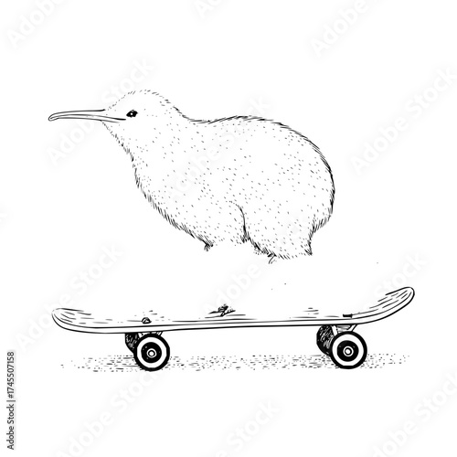 A kiwi bird hovers above a skateboard in a black and white sketch style drawing on a white background
