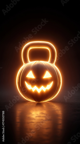 Glowing jack o lantern kettlebell with carved face and warm orange light reflecting on dark floor, moody Halloween fitness concept with spooky atmosphere and neon outline