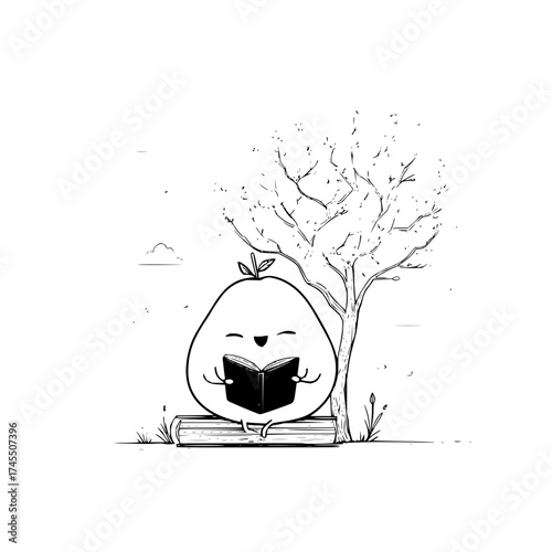 A smiling pear character reading a book while sitting on books under a tree in a black and white drawing
