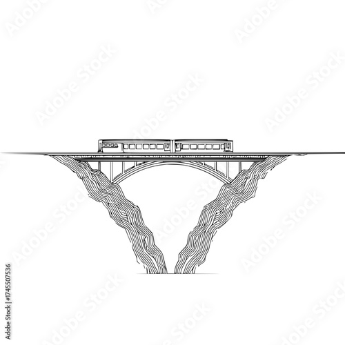 A monochrome drawing of a train on a bridge spanning a gorge with detailed rock formations and linear style