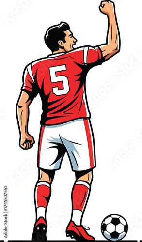 Rear view of a successful football player in a red shirt with the number five, celebrating a winning goal with a raised fist. Vector art of a sports champion