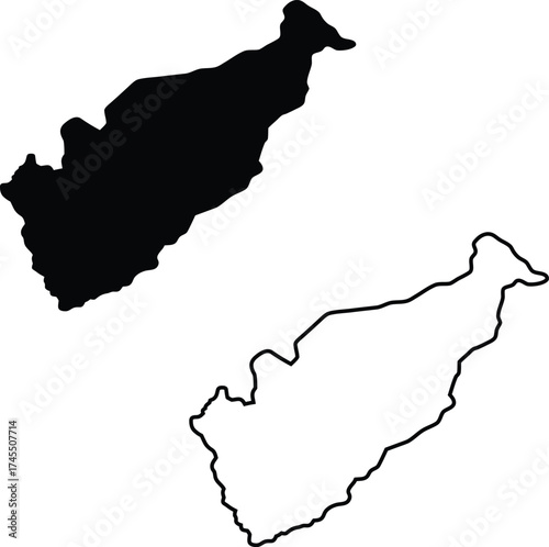 A black silhouette and matching outline reveal a long narrow geographical land shape