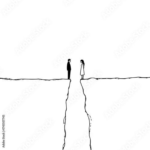 A man and woman stand on opposite cliffs separated by a deep chasm in a minimalist black and white drawing