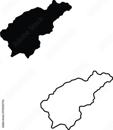 Solid black contour and thin line map outline depicting a specific geographical land region