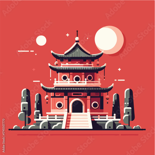 Oriental Temple with Moon Phases A Red and Black Illustration