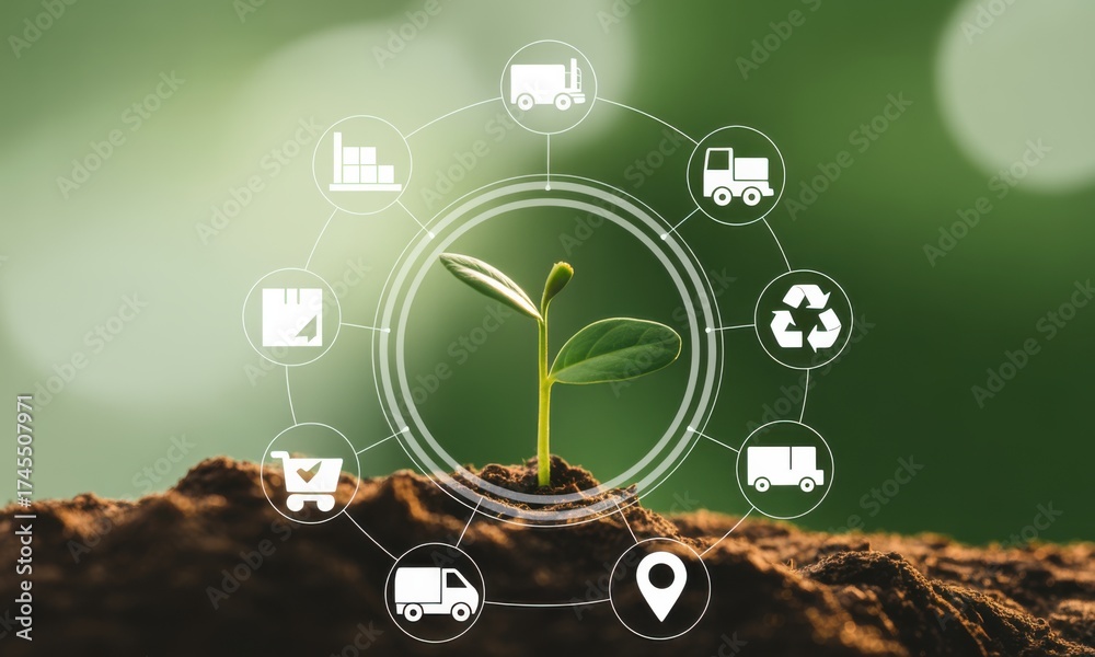 Fototapeta premium Eco-friendly Logistics: A small plant sprouts from the earth surrounded by environmental friendly shipping icons