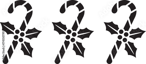 Holly berry with candy cane. Set of black christmas icons. Gift icon in flat design. Vector illustration