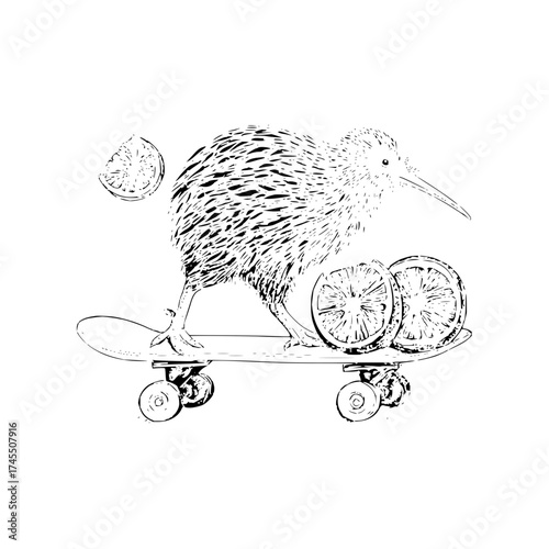 A kiwi bird balances on a skateboard with citrus wheels and a floating citrus slice nearby sketch art