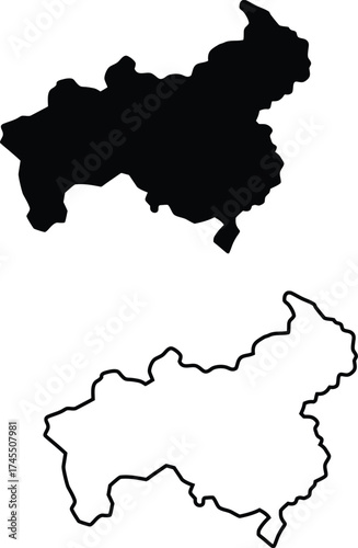 Black silhouette and outline of an irregular geographical region displayed clearly against a clean white field