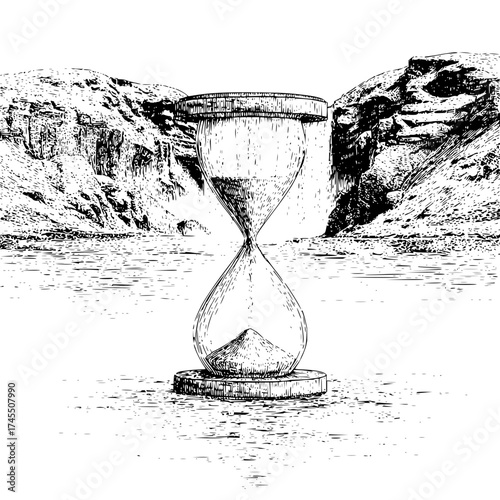 Hourglass with sand against a backdrop of mountains and water in a black and white drawing style